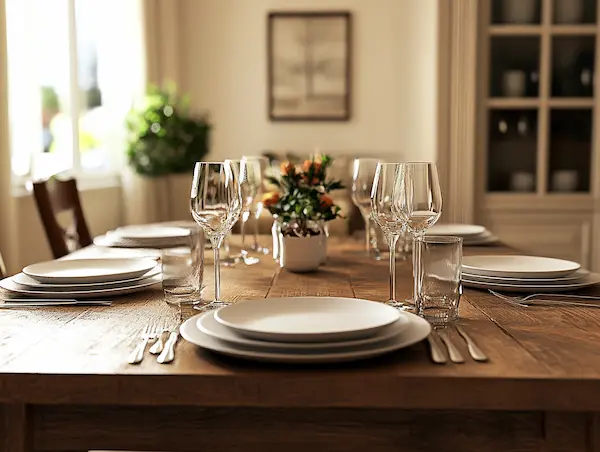 Table familiale dressée pour plusieurs personnes, repas du soir