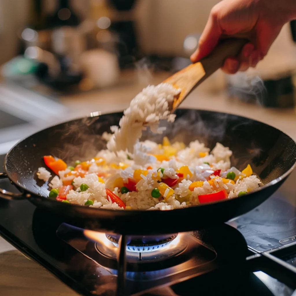 cuisson riz sauté facile dans wok sur feu vif